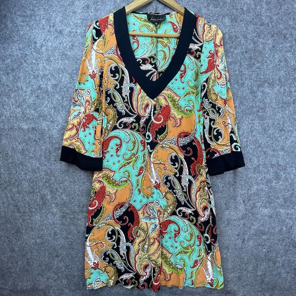 Jenny Helene Dress Small Bold Colors Maximalist Plunge Lightweight‎ Boho Paisley